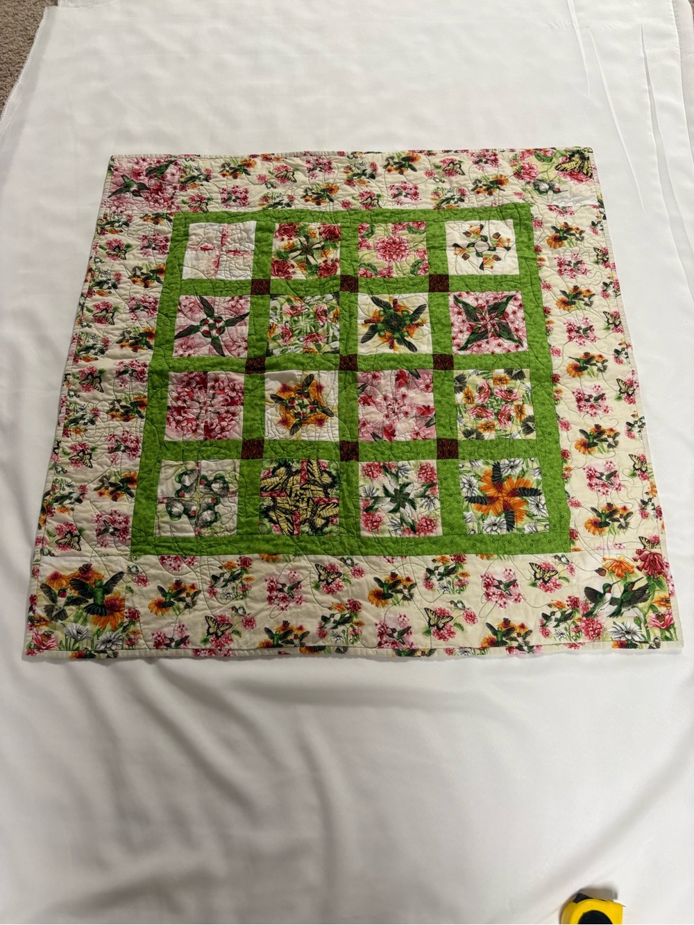 Handmade hummingbird and floral table topper or wall hanging